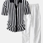 Drop Shoulder Stripe Crochet Shirt & Straight Leg Linen Pants