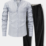 Long Sleeve Plaid Button Up Shirt & Elastic Waist Straight Leg Trousers