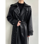 Double Breasted Belted PU Leather Long Trench Coat