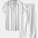 Geometric Striped Jacquard Button Up Shirt & Straight Leg Linen Pants