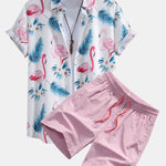 Flamingo Leaf Print Button Up Shirt & Swim Shorts