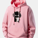 Black Cat Drinking Coffee Print Relax Fit Hoodie