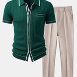 Contrast Trim Ribbed Knit Shirt & Slim Fit Tapered Trousers