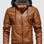 Men's Stand Collar Zipper Plush Hooded Leather Jacket