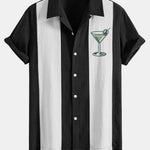 Vintage Martini Cocktail  Print Linen Look Patchwork Bowling Shirt
