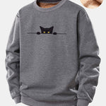 Black Cat Print Teddy Fleece Lined Sweatshirt