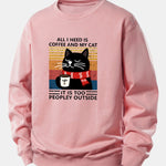 Black Cat Drinking Coffee Print Relax Fit Sweatshirt