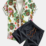 Tropical Tiki Bigfoot Print Button Up Shirt & Man Mid Length Drawstring Swim Shorts