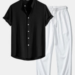 Linen And Rayon Blend Stand Collar Shirt & Wrinkle Textured Straight Leg Pants