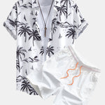 Palm Tree Island Print Button Up Shirt & Drawstring Swim Shorts