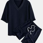 Relax Fit Geometric Jacquard V Neck Three Quarter Sleeve T-Shirt & Shorts
