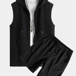 Sleeveless Waffle Zipper Hoodie & Waffle Drawstring Shorts