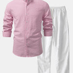 Seersucker Striped Stand Collar Shirt & Straight Leg Linen Pants