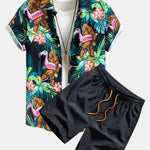 Tropical Flamingo Bigfoot Print Button Up Shirt & Swim Shorts