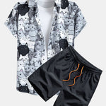 Cartoon Cat Print Button Up Shirt & Drawstring Swim Shorts