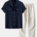 Textured Cuban Collar Pocket Shirt & Straight Leg Linen Pants