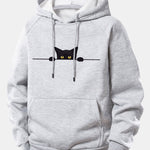 Black Cat Print Drawstring Hoodie