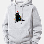 Christmas Lights Black Cat Print Drawstring Hoodie