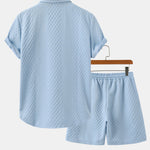 Rhombus Geometry Jacquard Button Up Shirt & Drawstring Shorts