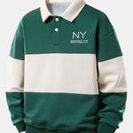 Relax Fit NY Brooklyn Print Color Block Polo Collar Sweatshirt