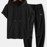 Kangaroo Pocket Waffle Hooded T-Shirt & Drawstring Waffle Jogger Pants
