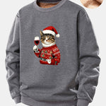 Christmas Cat Print Teddy Fleece Lined Sweatshirt