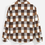 Men's Classic Plaid  Fluffy Faux Fur Single Pocket Button Lapel Jacket