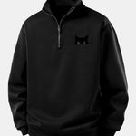 Relax Fit Black Cat Print Quarter Zip Sweatshirt