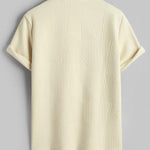 Geometric jacquard round neck short sleeved T-shirt-Beige