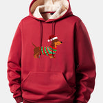Christmas Dachshund Print Teddy Fleece Lined Drawstring Hoodie