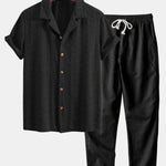 Floral Checkerboard Jacquard Cuban Shirt & Straight Leg Linen Pants