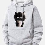 Black Cat Drinking Coffee Print Drawstring Hoodie