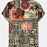 Palm Tree Turtle Ethnic Geometry Print Button Up Shirt & Swim Shorts