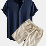 Short Sleeve V Neck Linen Rayon Blend Shirt & Linen Cotton Blend Drawstring Shorts