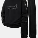 Line Dachshund Print Relax Fit Sweatshirt & Straight Leg Pleated Pintuck Sweatpants