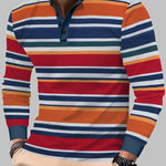 Men's colorful striped casual round neck loose henley long sleeve polo