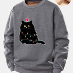 Christmas Lights Black Cat Print Teddy Fleece Lined Sweatshirt
