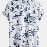 Island Sailing Print Button Up Shirt & Wrinkle Textured Straight Leg Pants