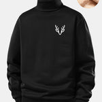 Head Deer Print Teddy Fleece Lined Turtle Neck Sweatshirt