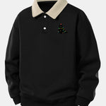 Relax Fit Christmas Colorful Light Black Cat Print Contrast Polo Sweatshirt