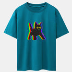 Glitch Black Cat Print Drop Shoulder Oversize T-Shirt