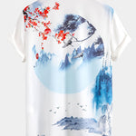 Oriental Ink Painting Button Up Shirt & Man Mid Length Drawstring Swim Shorts