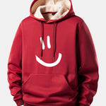 Smiley Face Print Teddy Fleece Lined Drawstring Hoodie
