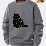 Colorful Light Black Cat Print Teddy Fleece Lined Sweatshirt