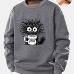 Black Cat Drinking Coffee Print Teddy Fleece Lined Sweatshirt