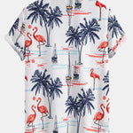 Palm Tree Flamingo Print Button Up Shirt & Man Mid Length Drawstring Swim Shorts