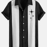 Mid Century Starbursts Print Linen Look Patchwork Bowling Shirt