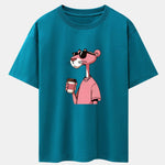 Pink Panther Drinking Coffee Print Drop Shoulder Oversize T-Shirt