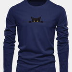 Long Sleeve Black Cat Print Cotton T-Shirt