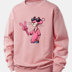 Pink Panther With A V Sign Print Relax Fit Sweatshirt